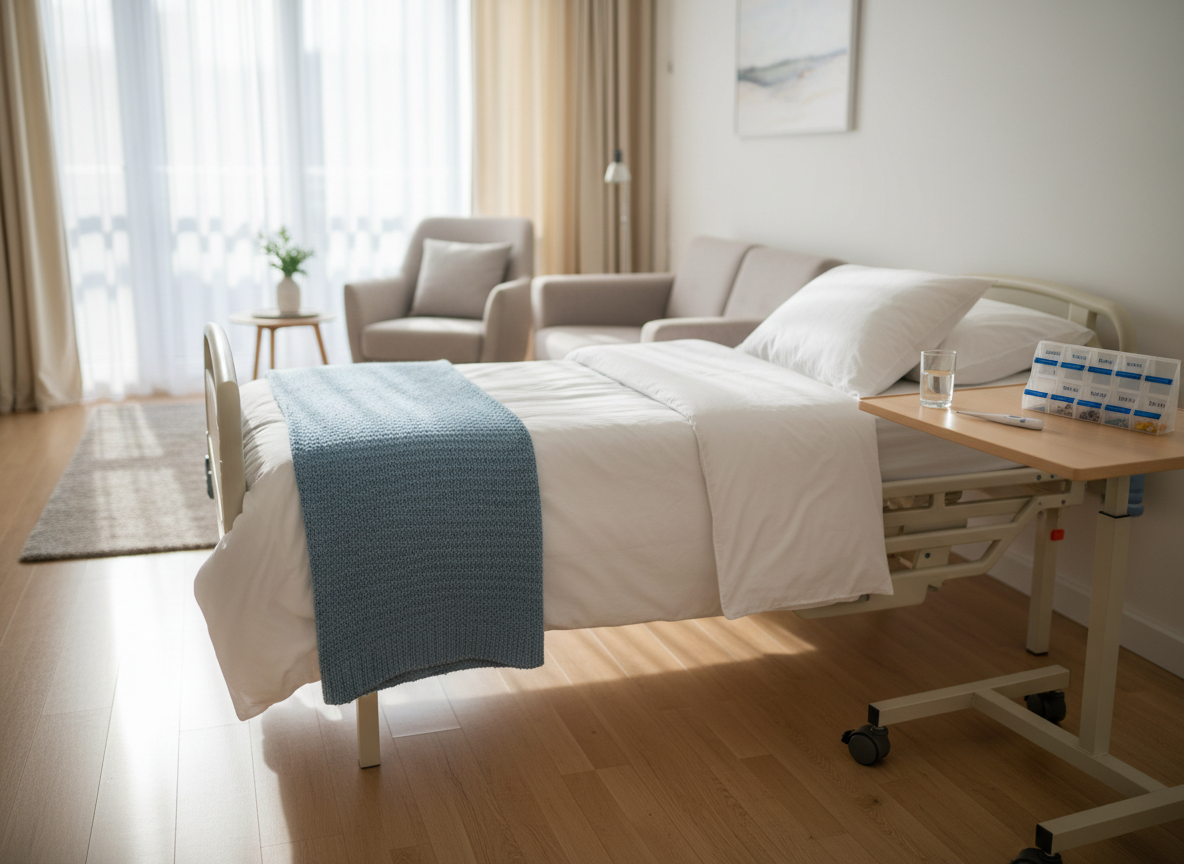 A neatly made single hospital-style bed with crisp white linens and a soft blue knitted throw folded at the foot, situated in a bright, tidy living room that has been adapted for in-home care. A mobile bedside table holds a glass of water, a digital thermometer, and neatly arranged pill organizers. Sunlight filters through sheer curtains, casting gentle, diffused light across the room and creating soft shadows on the hardwood floor. Photographic realism at eye level, with a calm, reassuring mood. The composition uses the rule of thirds, with the bed slightly off-center and the background subtly blurred to emphasize comfort, safety, and professional home care support without any human figures present.