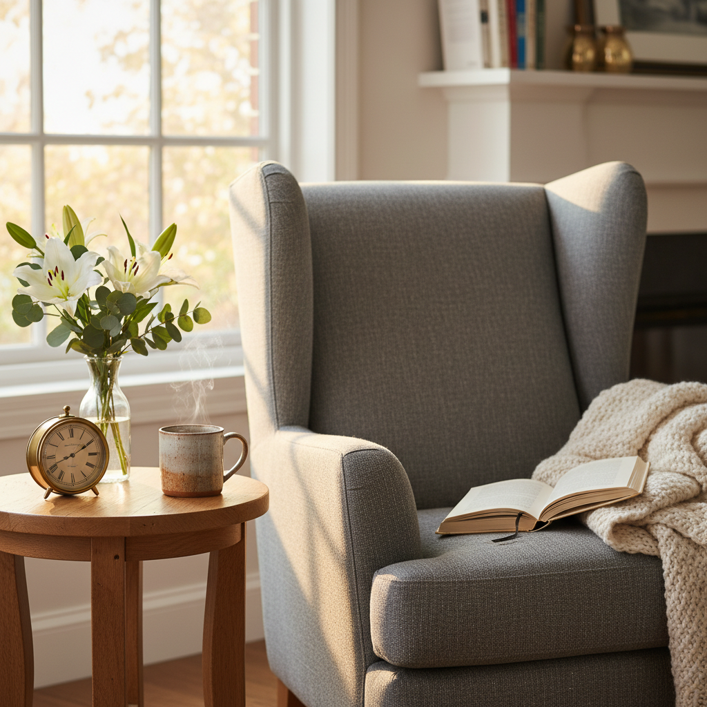 A cozy armchair with a high back and soft, textured gray upholstery positioned near a large living room window, with an open hardcover book and a folded knitted blanket resting on the arm. Beside it, a small wooden side table holds a classic analog clock, a ceramic mug of tea with rising steam, and a small vase of fresh flowers. Late afternoon natural light streams in, creating a warm glow and gentle reflections on the mug. Captured in photographic realism from a slightly elevated angle, with a shallow depth of field that blurs the background of a tidy, accessible home. The mood is peaceful and companionable, suggesting quiet companionship and attentive in-home care without showing any people.